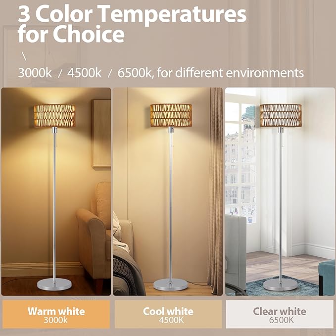 Rattan Floor Lamp for Living Room, Boho Standing Lamp with 3 Color Temperatures, Farmhouse Floor Lamp Wicker Lamp Double Shades, Bohemian Floor Lamps for Bedroom, Office(Chrome) - LeafyLoom