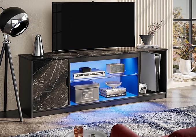 Bestier Led Entertainment Center for PS5, Gaming TV Stand with Cabinet for 60/65 Inch TV, Modern TV Console with Adjustable Glass Shelf for Living Room Easy Assembly Black Marble - LeafyLoom