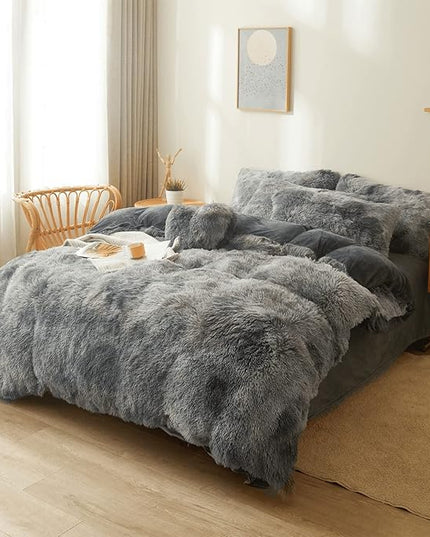 Tie dye Dark Gray Plush Fluffy Comforter Cover Set Queen - Ultra Soft Faux Fur tie dye Bedding Sets 3 Pieces (1 Shaggy Duvet Cover + 2 Pillow case) Fluffy Bed Set (Tie Dye Dark Gray, Queen) - LeafyLoom