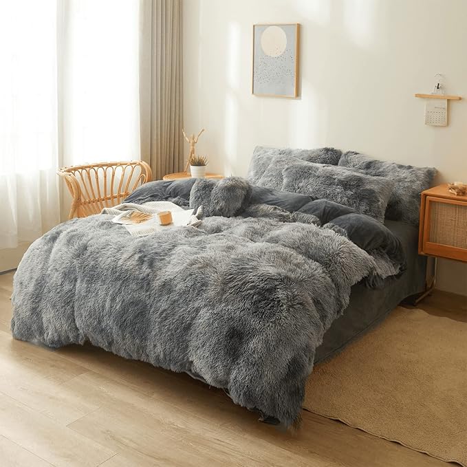 Tie dye Dark Gray Plush Fluffy Comforter Cover Set Queen - Ultra Soft Faux Fur tie dye Bedding Sets 3 Pieces (1 Shaggy Duvet Cover + 2 Pillow case) Fluffy Bed Set (Tie Dye Dark Gray, Queen) - LeafyLoom