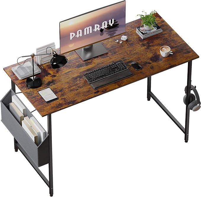 Pamray 47 Inch Computer Desk for Small Spaces with Storage Bag, Home Office Work Desk with Headphone Hook, Small Office Desk Study Writing Table - LeafyLoom