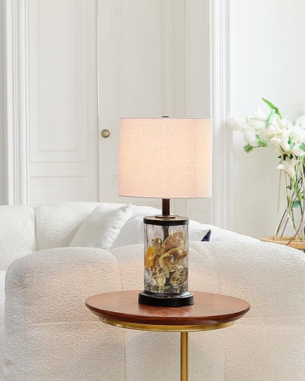 Globe Electric 61000044 20" Fillable Watered Glass Table Lamp, Oil-Rubbed Bronze Base, Beige Linen Shade, Black Cord, On/Off Rotary Switch - LeafyLoom