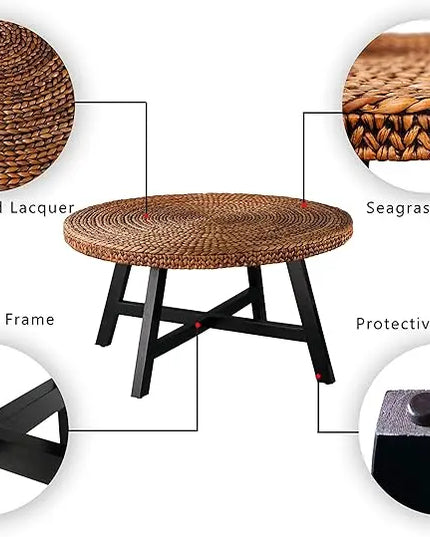 Round Coffee Table, Seagrass Coffee Solid Pine Wood X Base Frame Cocktail Table, Easy Assembled, Multiple Sizes for Living Room, 32 x 17 Inches,Gold - LeafyLoom