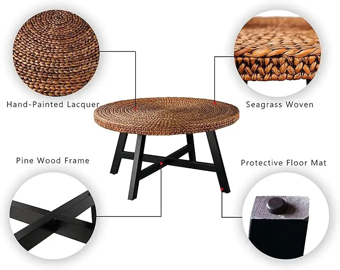 Round Coffee Table, Seagrass Coffee Solid Pine Wood X Base Frame Cocktail Table, Easy Assembled, Multiple Sizes for Living Room, 32 x 17 Inches,Gold - LeafyLoom