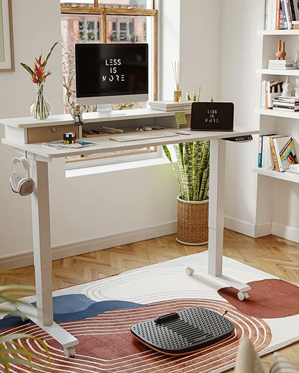 FEZIBO 55 x 24 Inch Height Adjustable Electric Standing Desk with Double Drawer, Stand Up Desk with Storage Shelf, Sit Stand Desk, White - LeafyLoom