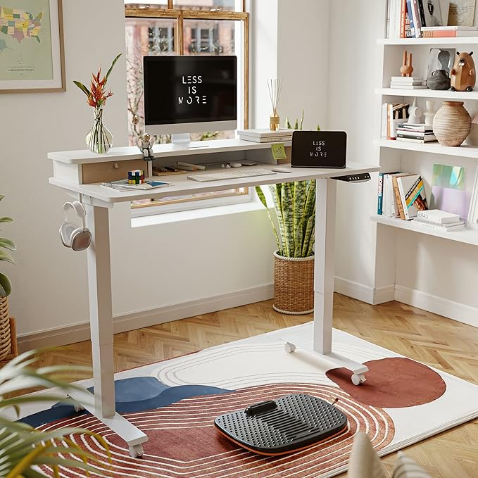 FEZIBO 55 x 24 Inch Height Adjustable Electric Standing Desk with Double Drawer, Stand Up Desk with Storage Shelf, Sit Stand Desk, White - LeafyLoom