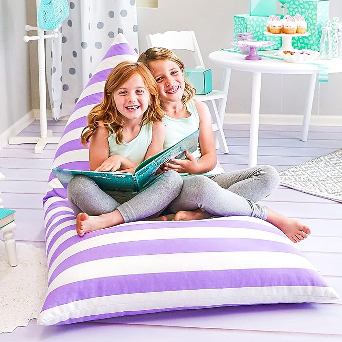 Butterfly Craze Bean Bag Chair Cover, Functional Toddler Toy Organizer, Fill with Stuffed Animals to Create a Jumbo, Comfy Floor Lounger for Boys or Girls, Stuffing Not Included, Purple Stripes - LeafyLoom