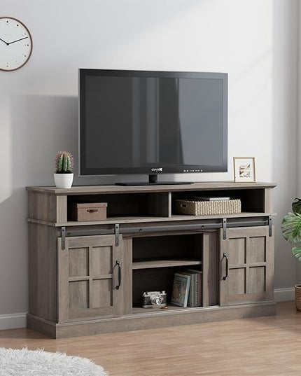 TV Stand with 2 Sliding Barn Doors, 58 Inch TV Stand with Storage Cabinet and Shelves, Television Stands with Storage for Living Room, Bedroom, Brown - LeafyLoom