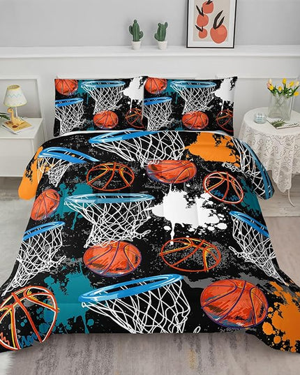 Axolotl Basketball Comforter Set Queen,Sports Comforter Set,Basketball Bedding Set,Sports Theme Comforter Set,Grunge Bedding Aesthetic Cool Style for Boys Kids Men,1 Quilt 2 Pillowcases,Black Blue - LeafyLoom