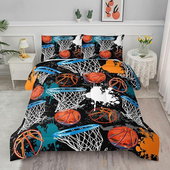 Axolotl Basketball Comforter Set Full,Sports Comforter Set,Basketball Bedding Set,Sports Theme Comforter Set,Grunge Bedding Aesthetic Cool Style for Boys Kids Men,1 Quilt 2 Pillowcases,Black Blue - LeafyLoom