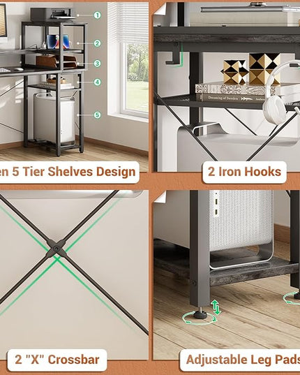 47" Gaming Desk with Storage, Computer Desk with LED Lights, Home Office Desk with Adjustable Shelves & Power Outlets, Gaming Computer Desk with Long Monitor Stand - LeafyLoom