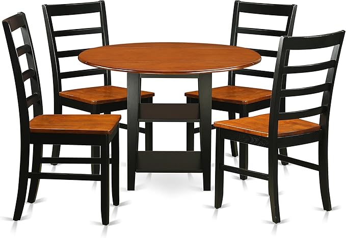 East West Furniture SUPF5-BCH-W 5 Piece Set Includes a Round Dining Table with Dropleaf & Shelves and 4 Kitchen Chairs, 42x42 Inch - LeafyLoom