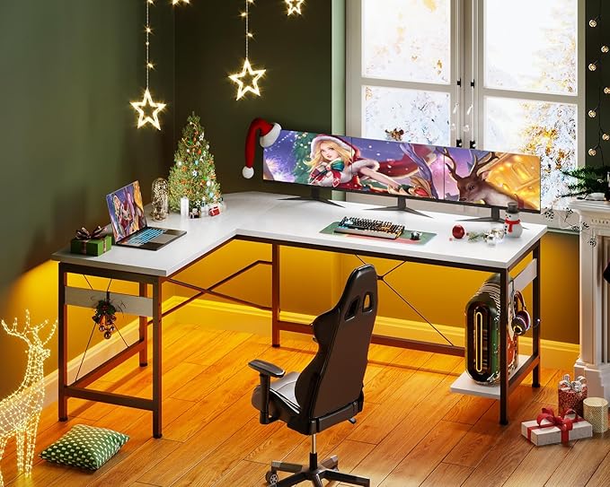 Coleshome 59" L Shaped Gaming Desk, Corner Computer Desk, Sturdy Home Office Table for Writing, Larger Workstation, White - LeafyLoom