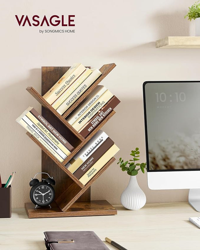 VASAGLE Tree Bookshelf, 5-Tier Bookcase, Small Bookshelf, Space-Saving Corner Shelf, Book Tree, Holds Books, CDs, Games, for Bedroom, Living Room, Home Office, Rustic Brown ULBC183X01 - LeafyLoom