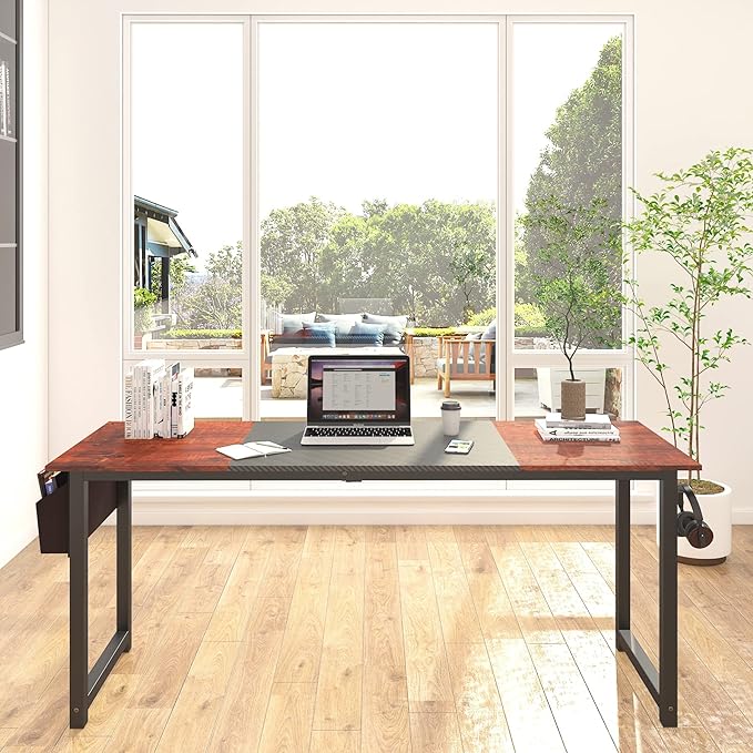 71 Inch Home Office Computer Two-Color Panel Desk with Storage Bag and Hook, Black, Sandalwood Color, Industrial Modern Laptop Desk - LeafyLoom