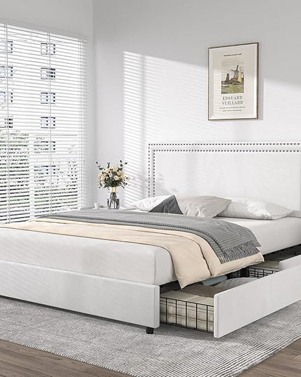 VECELO Queen Size Upholstered Platform Bed Frame with 4 Storage Drawers, Adjustable Velvet Rivets Headboard, Wooden Slats Support, No Box Spring Needed, Easy Assembly - LeafyLoom