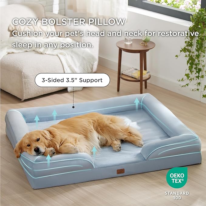 Bedsure XXL Orthopedic Dog Bed - Washable Great Dane Dog Sofa Beds for Giant Dogs, Supportive Foam Pet Couch Bed with Removable Washable Cover, Waterproof Lining and Nonskid Bottom, Light Blue BEDSURE