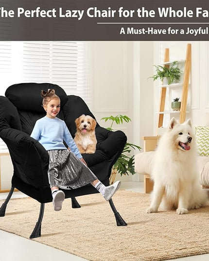 Lazy Chair Thick Padded, Accent Chair Velvet Upholstered with Wide Seat, Stable Metal Frame and Non-Slip Pad, Modern Sofa Armchair with Side Storage Bag for Dorm, Room, Office, Black - LeafyLoom