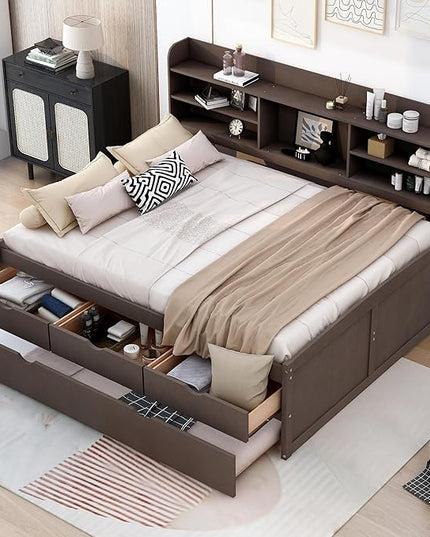 Wooden Full Size Captain Bed with Built-in Bookshelves, Full Daybed Frame with 3 Storage Drawers and Trundle, Antique Gray - LeafyLoom