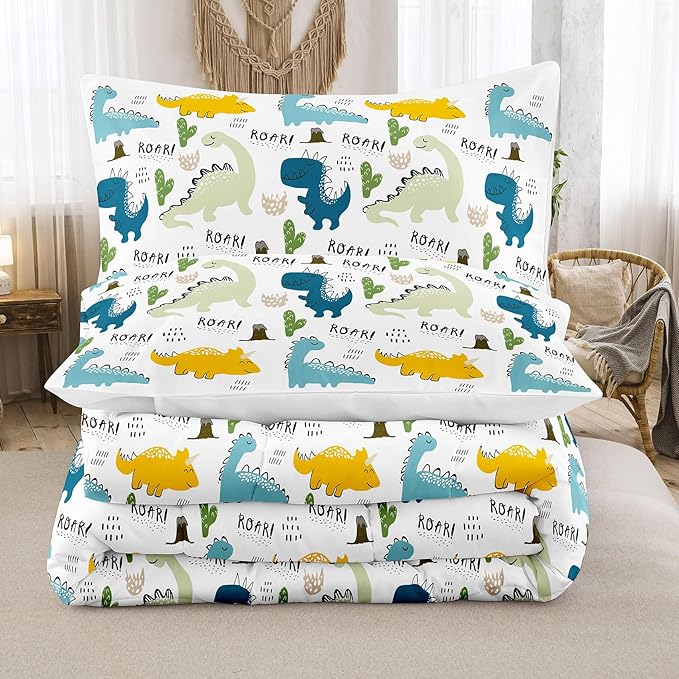 NINENINE Dinosaur Bedding Set for Kids,Queen Size Dinosaur Comforter Sets for kids boys,Blue Bedding Sets Cute Bed Set with 1 Comforter 2 Pillowcases - LeafyLoom