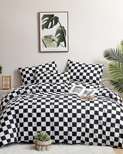 Wellboo Black White Plaid Comforter Sets King Women Men Black and White Checkerboard Grid Bedding Comforters Cotton Boys Girls Modern Black Checkered Geometric Quilts Luxury Abstract White Bedding - LeafyLoom