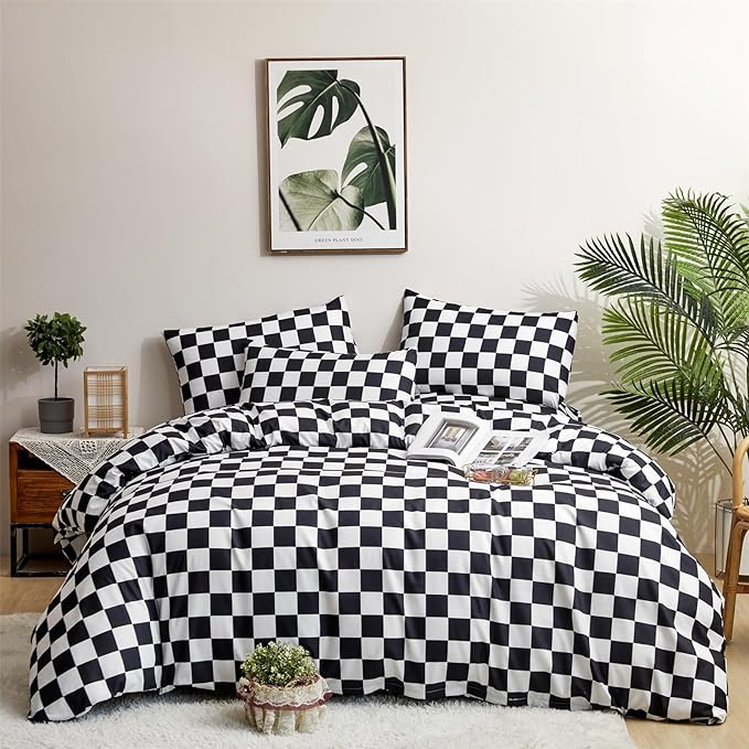 Wellboo Black White Plaid Comforter Sets King Women Men Black and White Checkerboard Grid Bedding Comforters Cotton Boys Girls Modern Black Checkered Geometric Quilts Luxury Abstract White Bedding - LeafyLoom