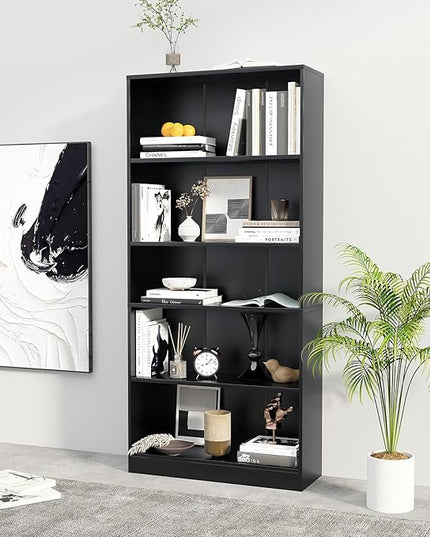5-Tier Bookshelf, Wood Display Storage Shelves 67.3" Tall Bookcase Open Bookshelf for Home Office, Living Room and Bedroom, Black - LeafyLoom