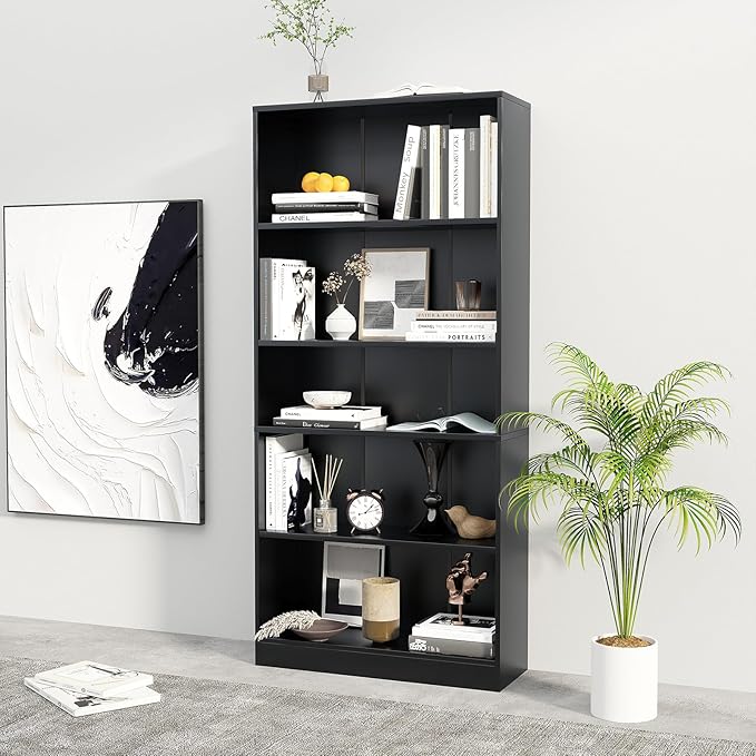 5-Tier Bookshelf, Wood Display Storage Shelves 67.3" Tall Bookcase Open Bookshelf for Home Office, Living Room and Bedroom, Black - LeafyLoom
