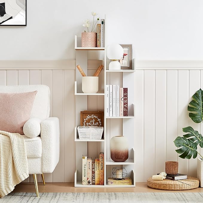 VECELO 8 Shelf Storage Tree Bookshelf,Wooden Book Display Shelves for CDs/Movies/Books, FreeStanding Geometric Tree-Shaped Bookcase Storgae Organizers for Home Office, Living Room,Bedroom,White - LeafyLoom
