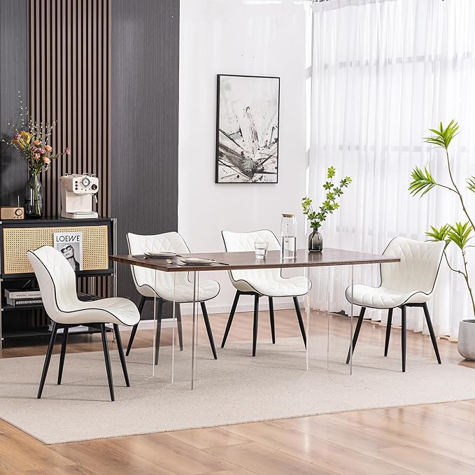 YOUNIKE Dining Chairs Set of 2, Upholstered Faux Leather Dining Room Chairs, Modern Living Room Bedroom Side Chairs with Wide Curved Back and Adjustable Metal Legs, Kitchen Chairs White - LeafyLoom