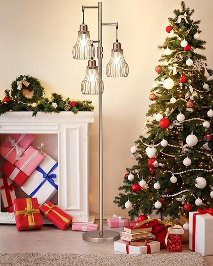 Dimmable Floor Lamps for Living Room, Industrial Tree Standing Tall Lamps with 3 Elegant Cage Shade & 800 Lumens LED Bulbs for Bedroom Office - Brown - LeafyLoom