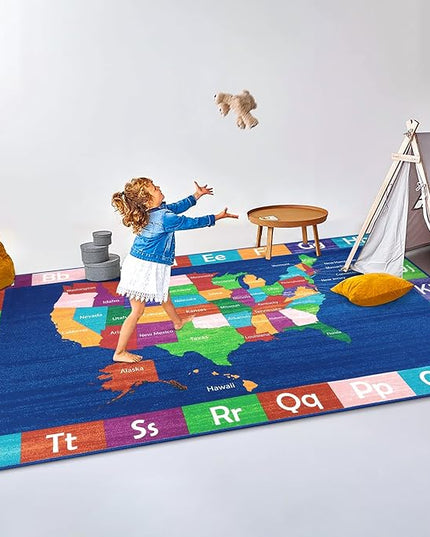 LIVEBOX Educational USA Map Kids Nursery Rug, 4x6 Ft Baby Playmats for Infant and Toddlers, Non-Slip Alphabet Kids Rug Mat for Playroom, Classroom, ABC Kids Room Rug for Bedroom - LeafyLoom
