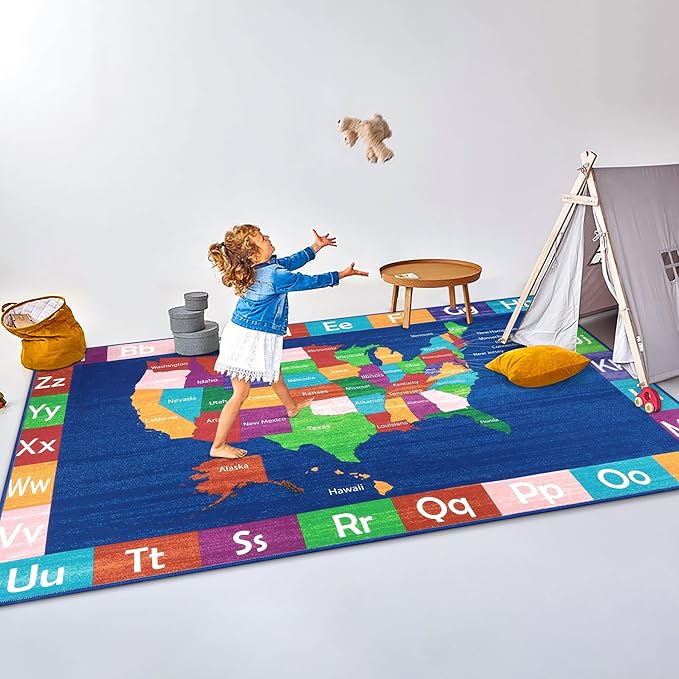 LIVEBOX Educational USA Map Kids Nursery Rug, 4x6 Ft Baby Playmats for Infant and Toddlers, Non-Slip Alphabet Kids Rug Mat for Playroom, Classroom, ABC Kids Room Rug for Bedroom - LeafyLoom