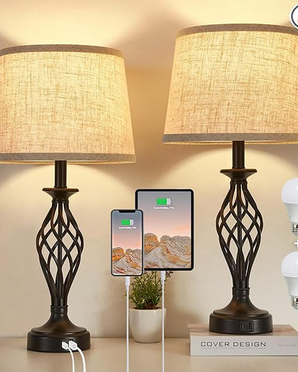Table Lamp for Bedroom Set of 2 with USB C+A Ports, Modern Bedside Lamps with Spiral Cage Base, Fabric Shade, Nightstand Lamp for Living Room Reading Bed Side End Table, 2 LED Bulbs Included Black - LeafyLoom