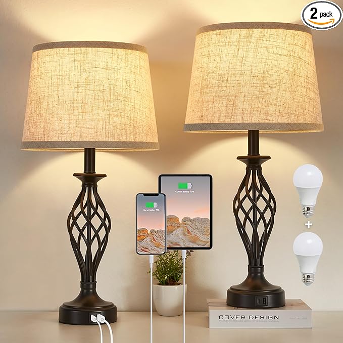 Table Lamp for Bedroom Set of 2 with USB C+A Ports, Modern Bedside Lamps with Spiral Cage Base, Fabric Shade, Nightstand Lamp for Living Room Reading Bed Side End Table, 2 LED Bulbs Included Black - LeafyLoom
