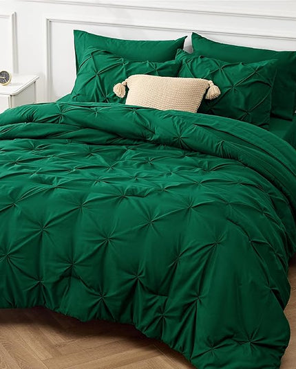 Bedsure King Size Comforter Set - Bedding Set King 7 Pieces, Pintuck Bed in a Bag Dark Green Bed Set with Comforter, Sheets, Pillowcases & Shams - LeafyLoom
