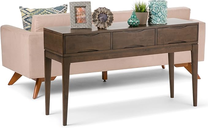 SIMPLIHOME Harper SOLID WOOD 54 inch Wide Mid Century Modern Console Sofa Entryway Table in Walnut Brown with Storage, 3 Drawers , for the Living Room, Entryway and Bedroom - LeafyLoom