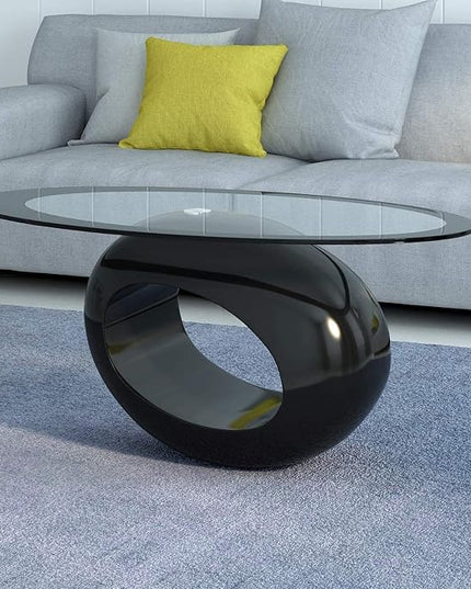 Fab Glass and Mirror Coffee High Gloss Base Modern Black Center Table with Oval Glass Top for Living Room, Offices, 25.5 X 43.5 - LeafyLoom