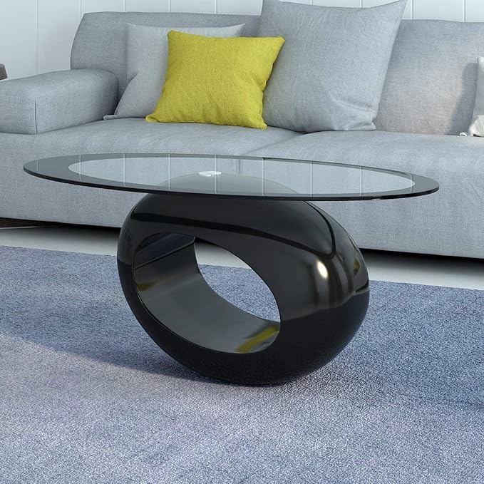 Fab Glass and Mirror Coffee High Gloss Base Modern Black Center Table with Oval Glass Top for Living Room, Offices, 25.5 X 43.5 - LeafyLoom