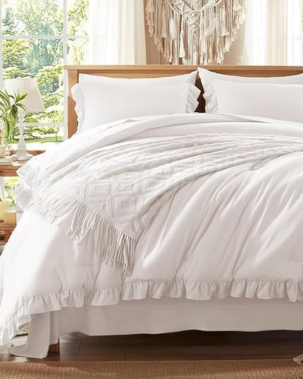 Anluoer King Comforter Set 7 Piece, White Bed in a Bag with Sheets, All Season Ruffle Shabby Chic Bedding Sets with 1 Comforter, 2 Pillow Shams, 2 Pillowcases, 1 Flat Sheet, 1 Fitted Sheet - LeafyLoom