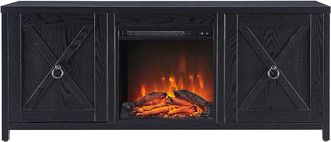 Henn&Hart Rectangular TV Stand with Log Fireplace for TV's up to 65" in Black, Electric Fireplace TV Stands for the Living Room - LeafyLoom