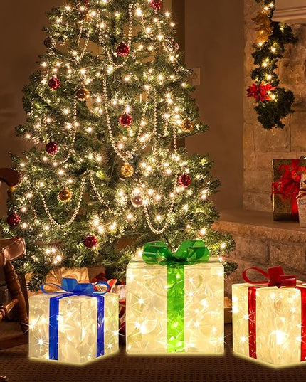 [Large 8.5"x7"x6" Christmas Set of 3 Lighted Gift Boxes Decorations Pre-lit 70 Super-Bright LED with Flashers,for Indoor Outdoor Christmas Tree Skirt Ornament Pathway Holiday Party Home GLOWNOVA