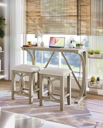 NicBex Kitchen Table for 2 Dining Table 3-Piece Counter Height Dining Table Set with USB Port and Upholstered Stools for Home, Kitchen, Dining Room, Wooden Frame, Cream - LeafyLoom