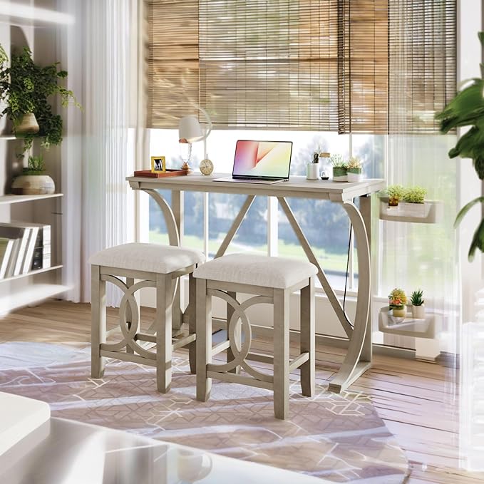 NicBex Kitchen Table for 2 Dining Table 3-Piece Counter Height Dining Table Set with USB Port and Upholstered Stools for Home, Kitchen, Dining Room, Wooden Frame, Cream - LeafyLoom