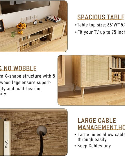 Media TV Stands for 75+ Inch TV,Entertainment Center with Adjustable Shelf, Rattan TV Console with 2 Cabinets,Mid Century Modern TV Console Table for Living Room Bedroom - LeafyLoom