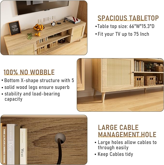 Media TV Stands for 75+ Inch TV,Entertainment Center with Adjustable Shelf, Rattan TV Console with 2 Cabinets,Mid Century Modern TV Console Table for Living Room Bedroom - LeafyLoom