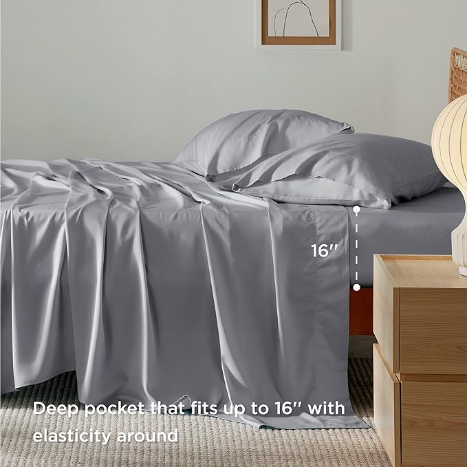 Bedsure King Size Sheet Set, Cooling Sheets King, Rayon Derived from Bamboo, Deep Pocket Up to 16", Breathable & Soft Bed Sheets, Hotel Luxury Silky Bedding Sheets & Pillowcases, Silver Grey - LeafyLoom