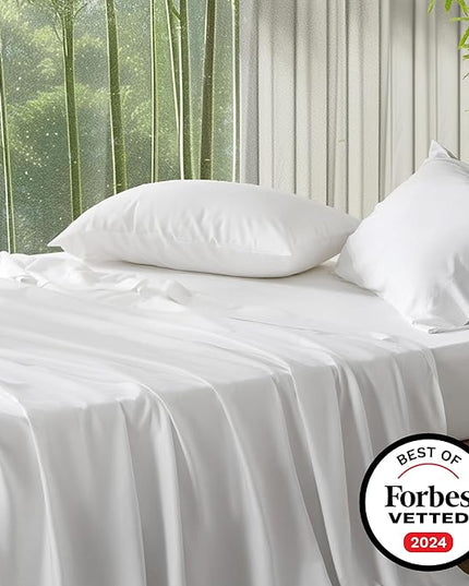 Bedsure King Size Sheet Set, Cooling Sheets King, Rayon Derived from Bamboo, Deep Pocket Up to 16", Breathable & Soft Bed Sheets, Hotel Luxury Silky Bedding Sheets & Pillowcases, White - LeafyLoom