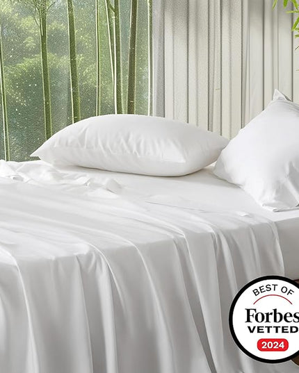 Bedsure Queen Sheets, Rayon Derived from Bamboo, Queen Cooling Sheet Set, Deep Pocket Up to 16", Breathable & Soft Bed Sheets, Hotel Luxury Silky Bedding Sheets & Pillowcases, White - LeafyLoom