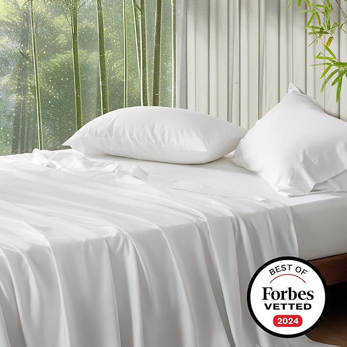 Bedsure Queen Sheets, Rayon Derived from Bamboo, Queen Cooling Sheet Set, Deep Pocket Up to 16", Breathable & Soft Bed Sheets, Hotel Luxury Silky Bedding Sheets & Pillowcases, White - LeafyLoom